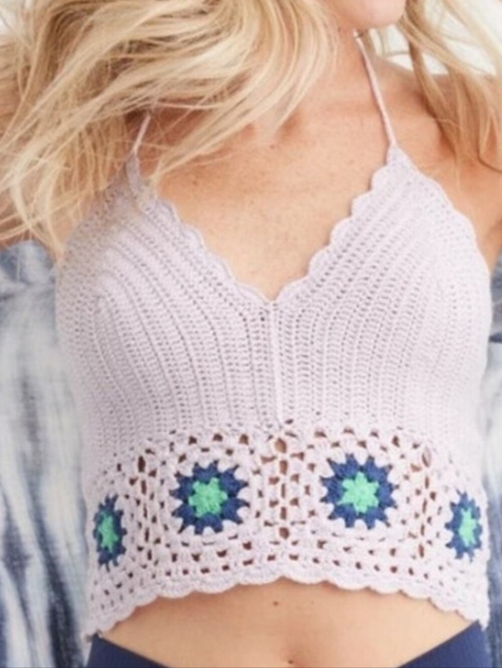 aerie Lilac Crochet Halter Crop Top with Blue-Green Motif